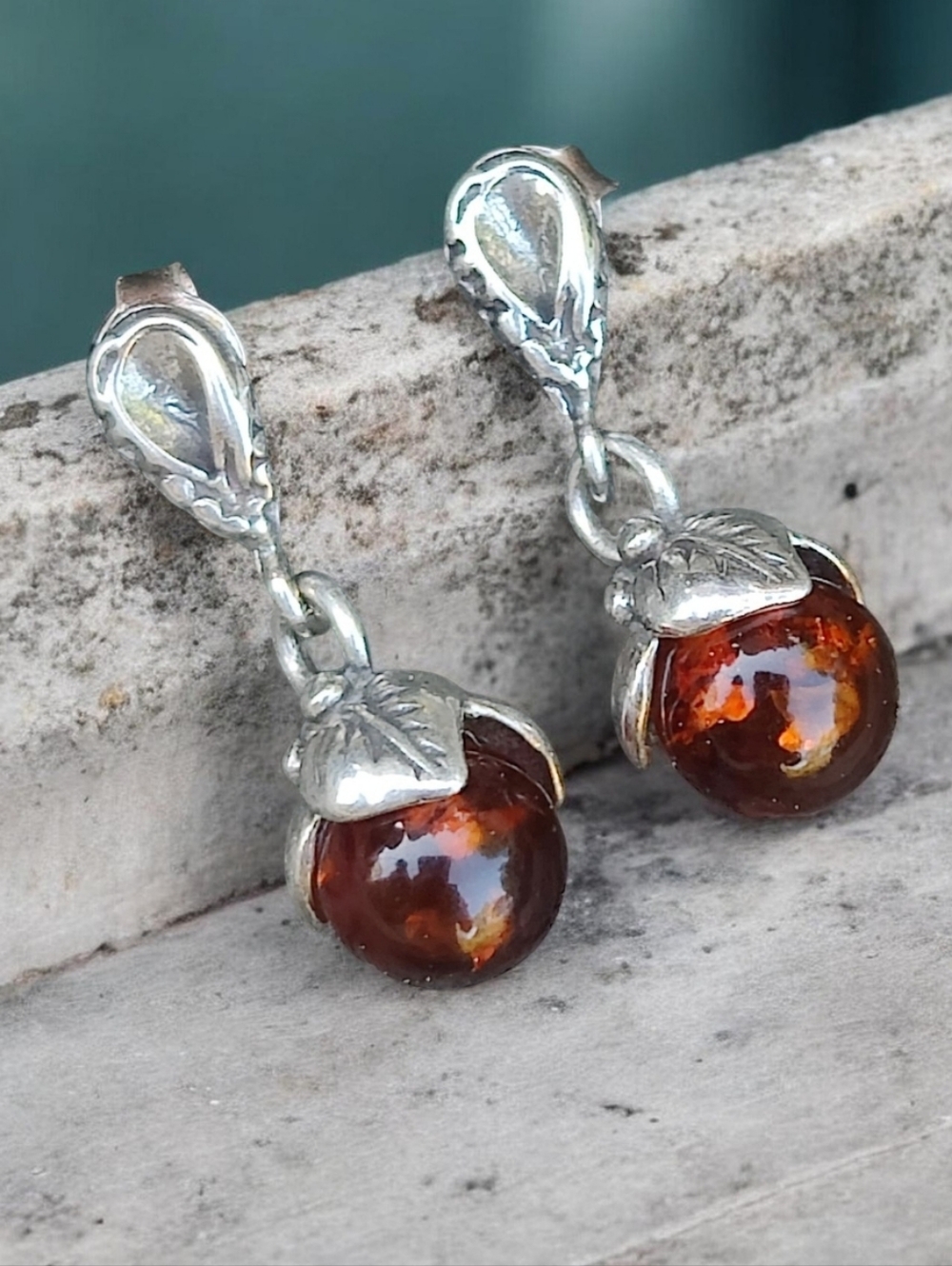 Antique Sterling Silver Baltic Amber Earrings